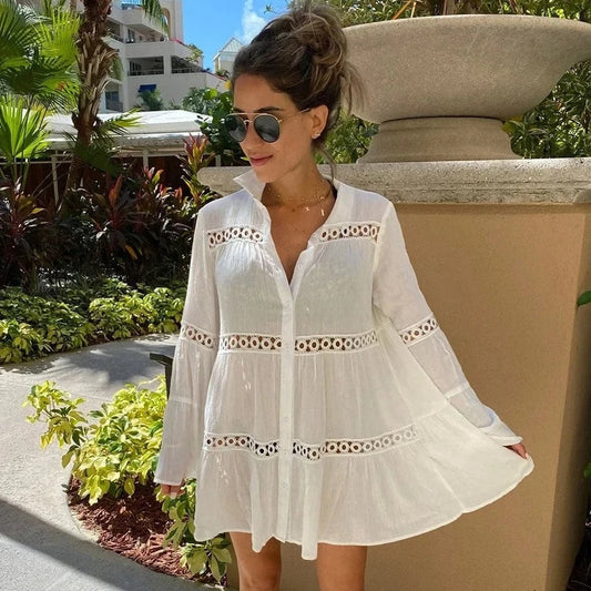 Beach Cover Up Boho - Beachwear Solid White Dresses