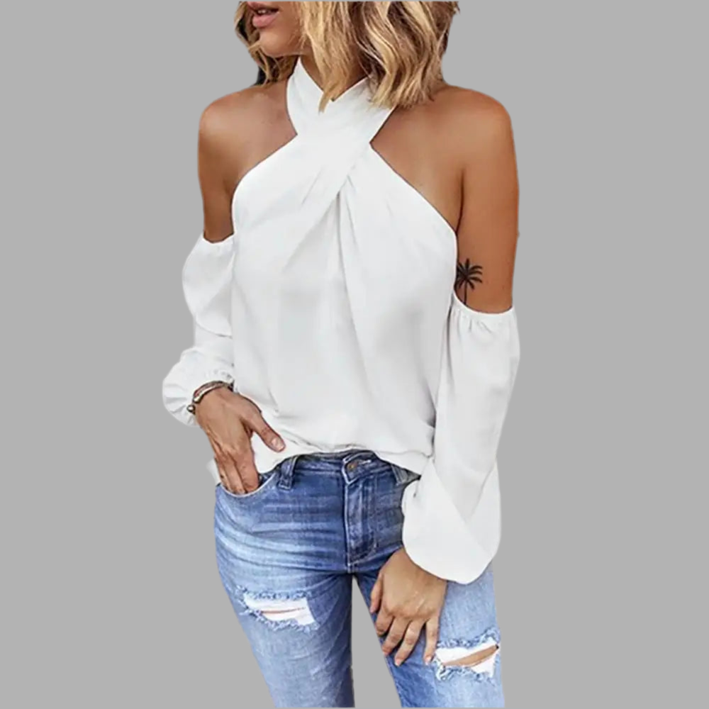 Halter Off Shoulder Shirt - Women Elegant Commuting Tops Fashion Casual V Neck Long Sleeve Blouses