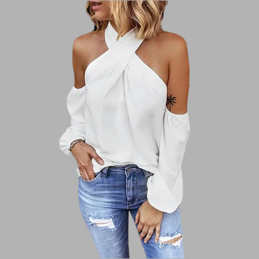 Halter Off Shoulder Shirt - Women Elegant Commuting Tops Fashion Casual V Neck Long Sleeve Blouses