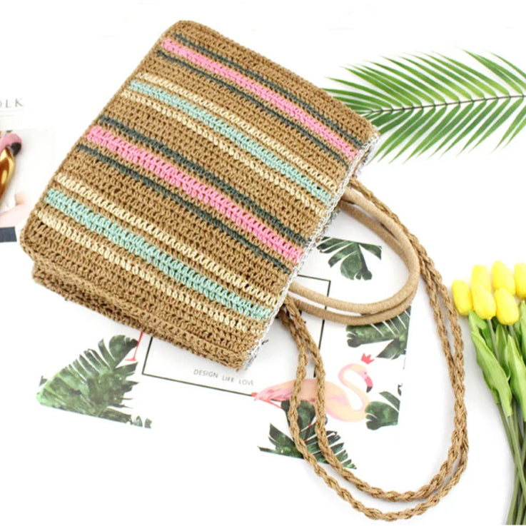 Colorful Straw Shoulder Bag - Portable Fashion Handbag for Beachy Vibes
