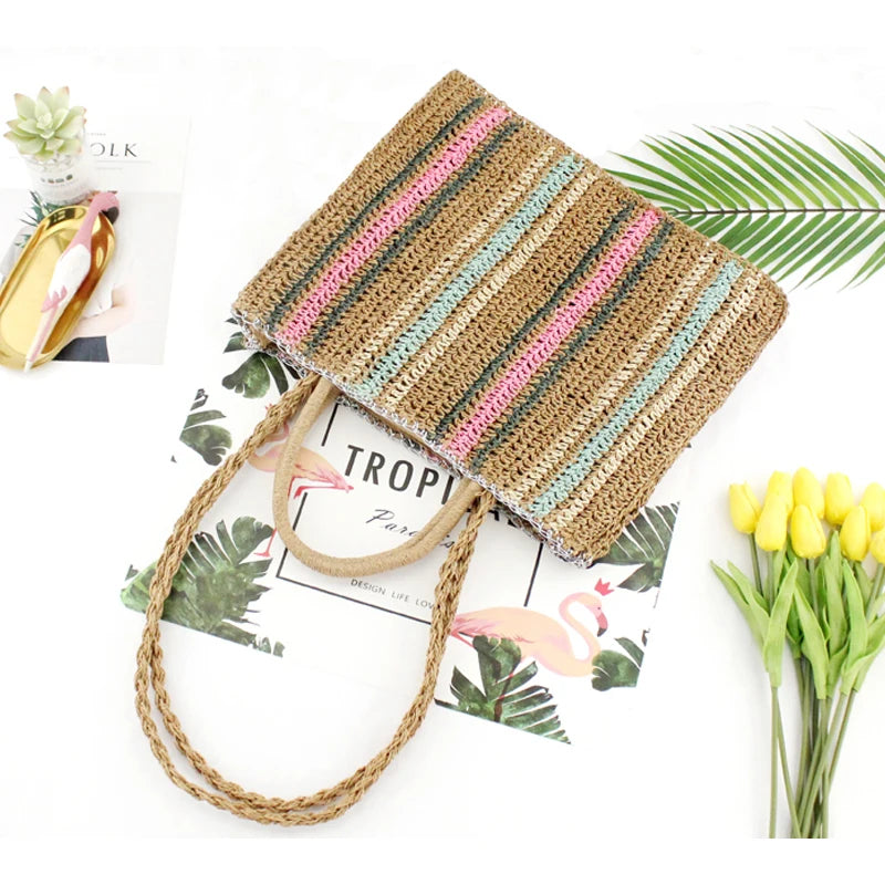 Colorful Straw Shoulder Bag - Portable Fashion Handbag for Beachy Vibes