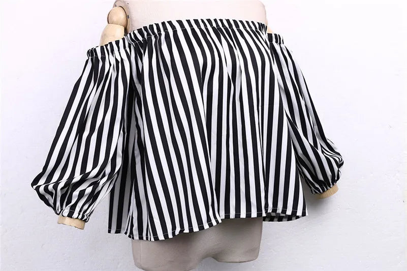 Elegant Striped Tops Off the Shoulder - Elegant Sexy Shirts - Women Tops Blouse with Choker