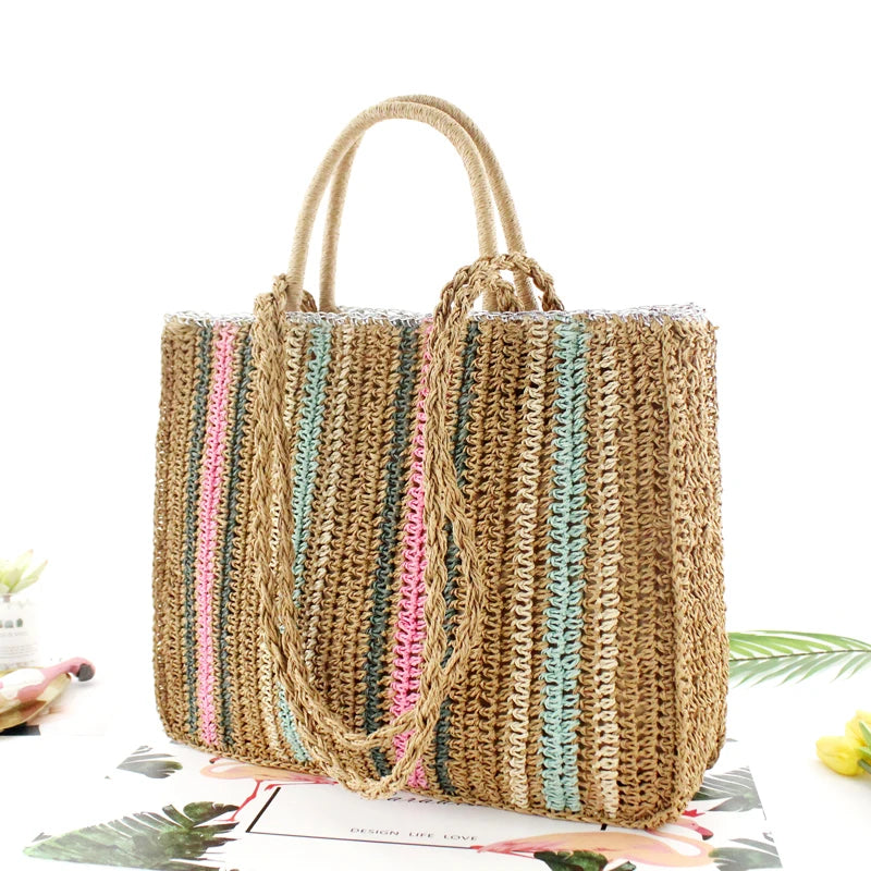 Colorful Straw Shoulder Bag - Portable Fashion Handbag for Beachy Vibes