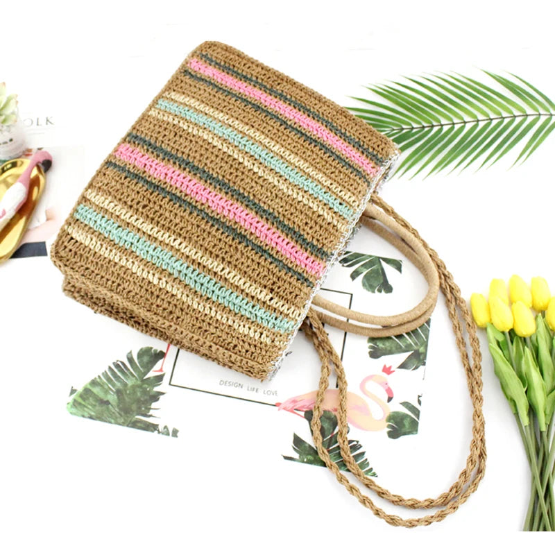 Colorful Straw Shoulder Bag - Portable Fashion Handbag for Beachy Vibes