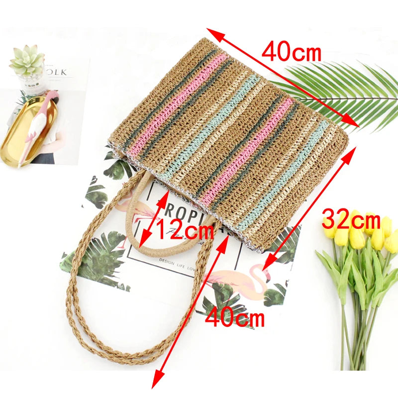 Colorful Straw Shoulder Bag - Portable Fashion Handbag for Beachy Vibes