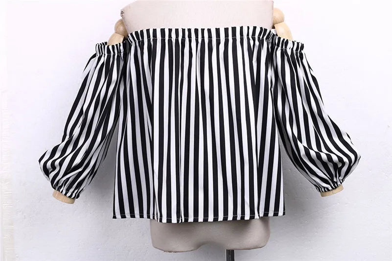 Elegant Striped Tops Off the Shoulder - Elegant Sexy Shirts - Women Tops Blouse with Choker