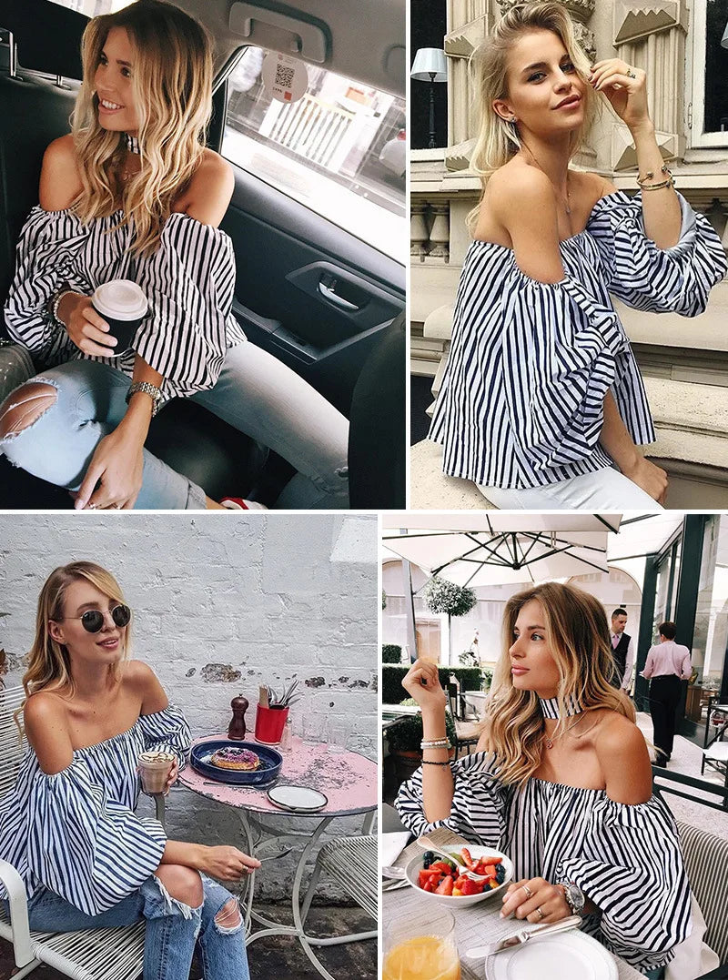 Elegant Striped Tops Off the Shoulder - Elegant Sexy Shirts - Women Tops Blouse with Choker
