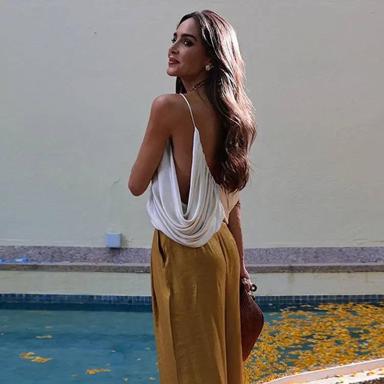 Elegant Women Vest Pants Set Solid Sling V-neck Backless Tops Belt Zipper Wide Leg Long Trouser Lady Suit