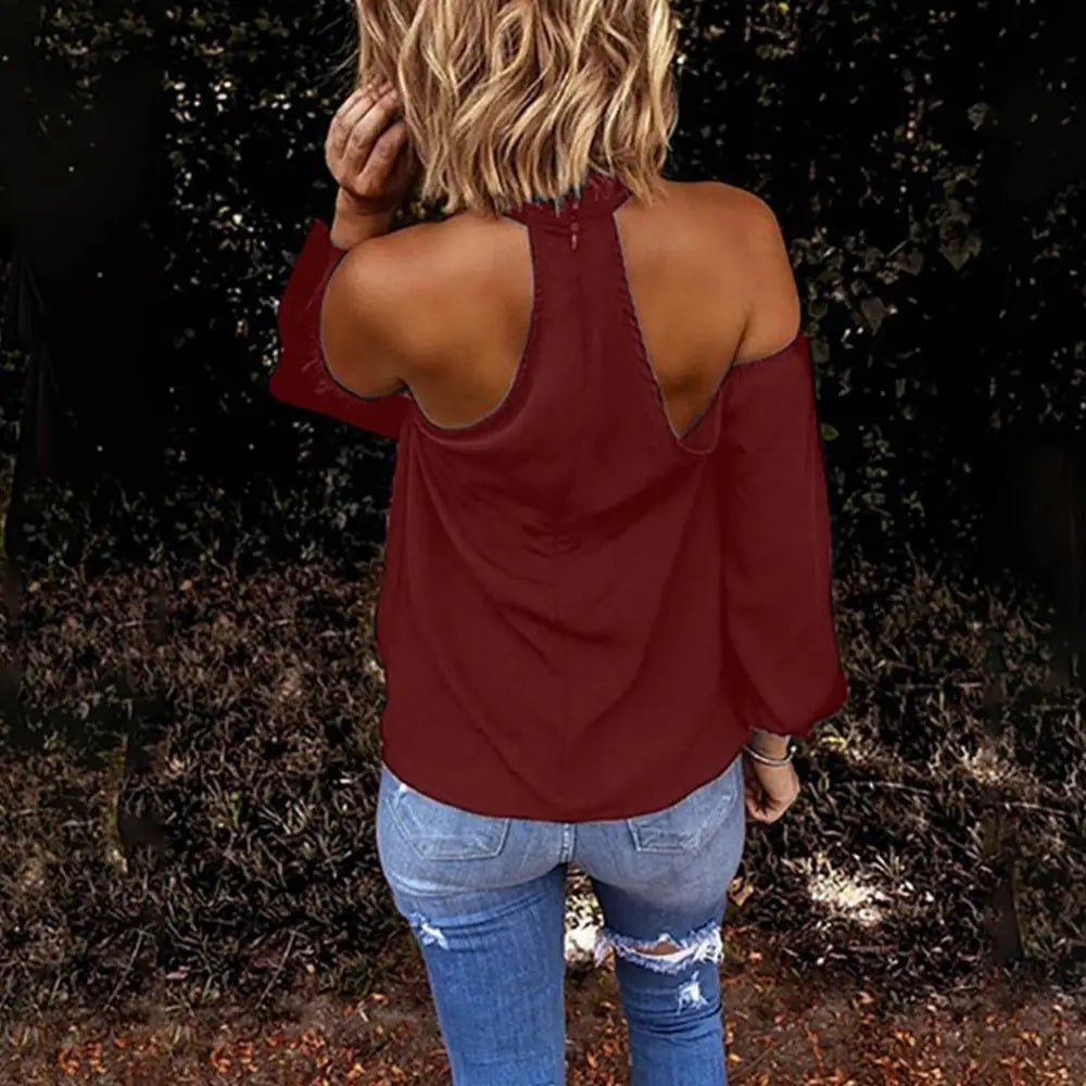 Halter Off Shoulder Shirt - Women Elegant Commuting Tops Fashion Casual V Neck Long Sleeve Blouses
