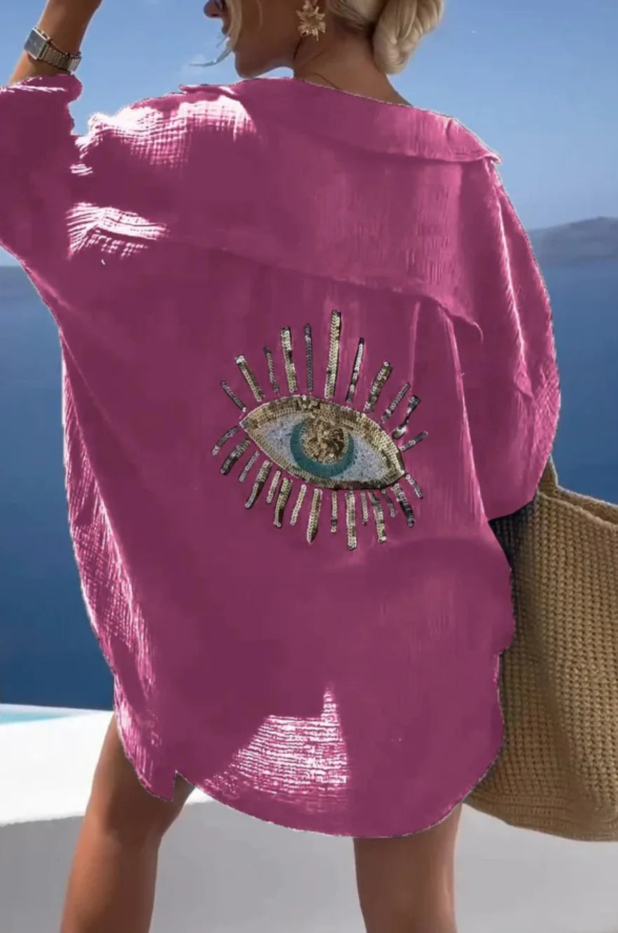 Casual Sequin Eye Shirt Dresses - Beach Style Loose Button Sun Protection - Cotton Linen Shirt Dress