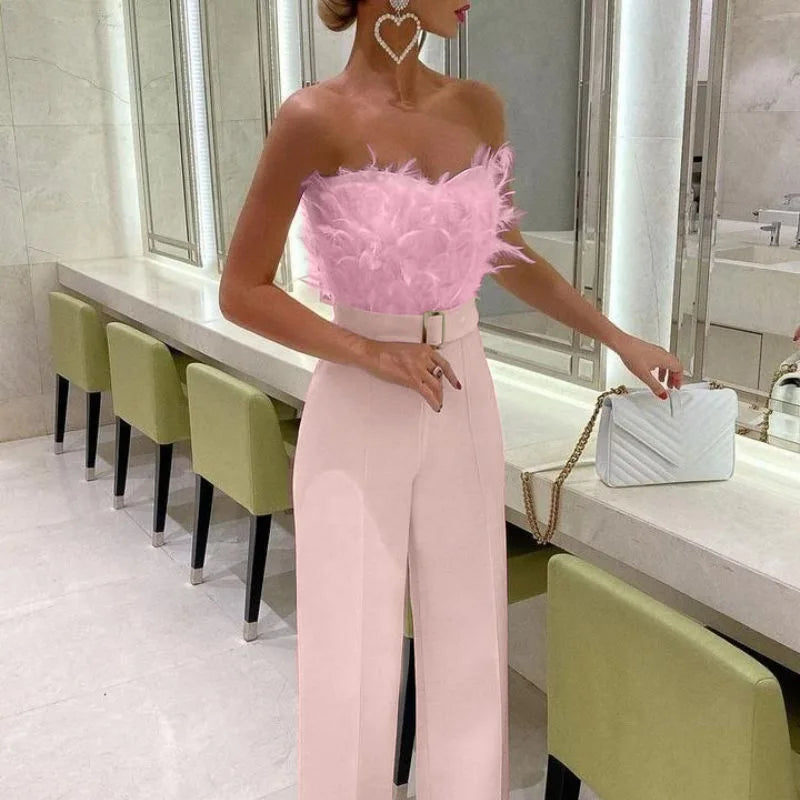 Elegant Jumpsuit Women Sleeveless Off Shoulder Plush Feather Belt Buckle Long Romper Chic High Waist Straight Leg Jumpsuit