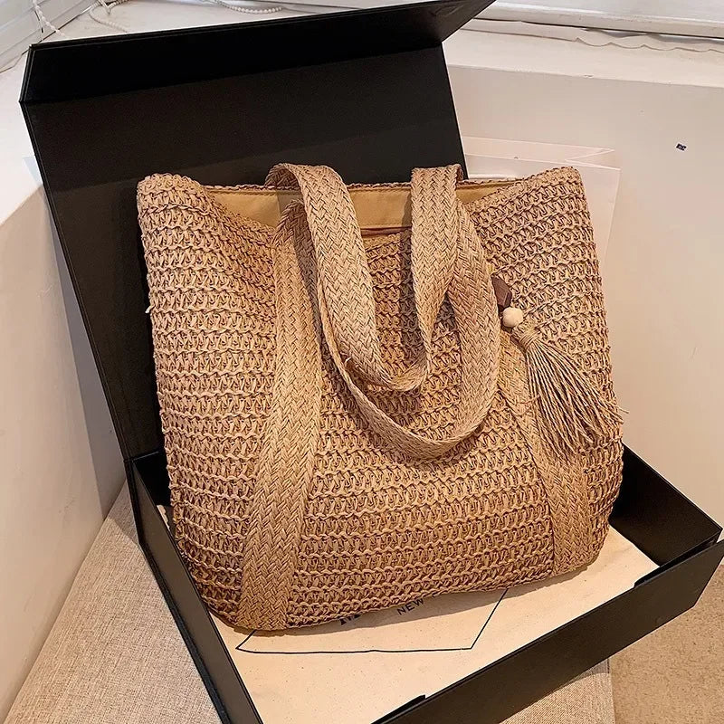 Elegant Ladies Straw Woven Handbag Women Holiday Beach Commute Casual Tote Top-Handle Bags Fashion Retro Shoulder Bags