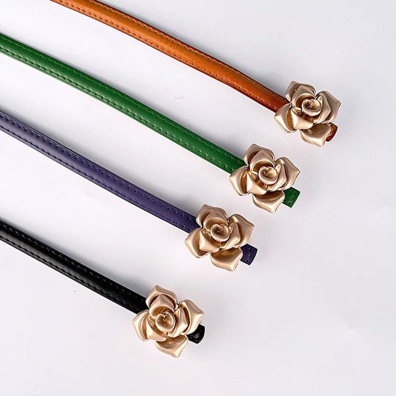 New Unique Rose Genuine Leather Gold Belt Women Fashion Cowskin Flower Thin Belts Female Jeans Dress Waistband