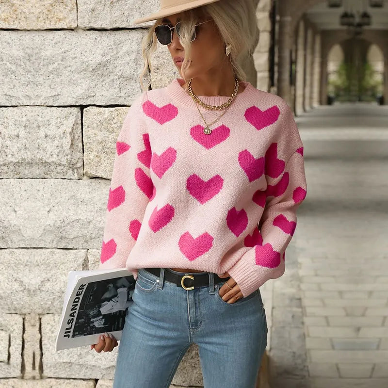 Sweet And Caring Women's Long Sleeved Sweater - Valentine's Day Casual Pink Sweater Round Neck