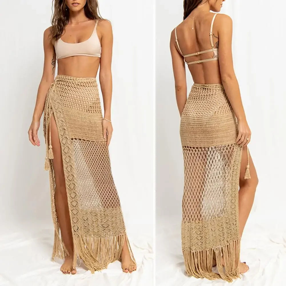 Bikini Knitted Cover Ups - Crochet Cutout High Waist Sarong Beach Skirt with Tassel