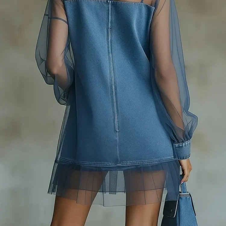 Denim Mini Dress For Women Fashion Turtleneck Tulle Denim Patchwork Long Sleeve See Through Loose Party Dresses