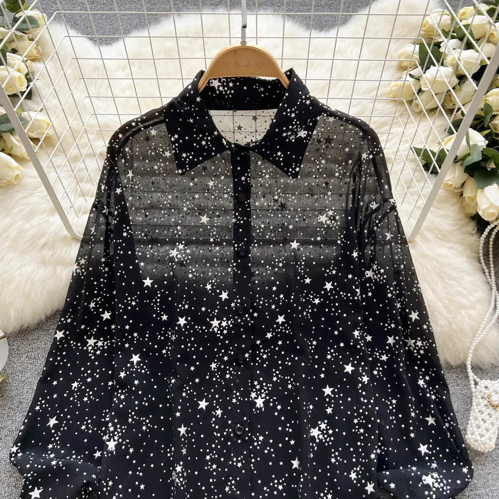 Sequins Lapel Shirt Women - Elegant Loose Long Sleeve Transparent Blose - Casual Shine Blouse