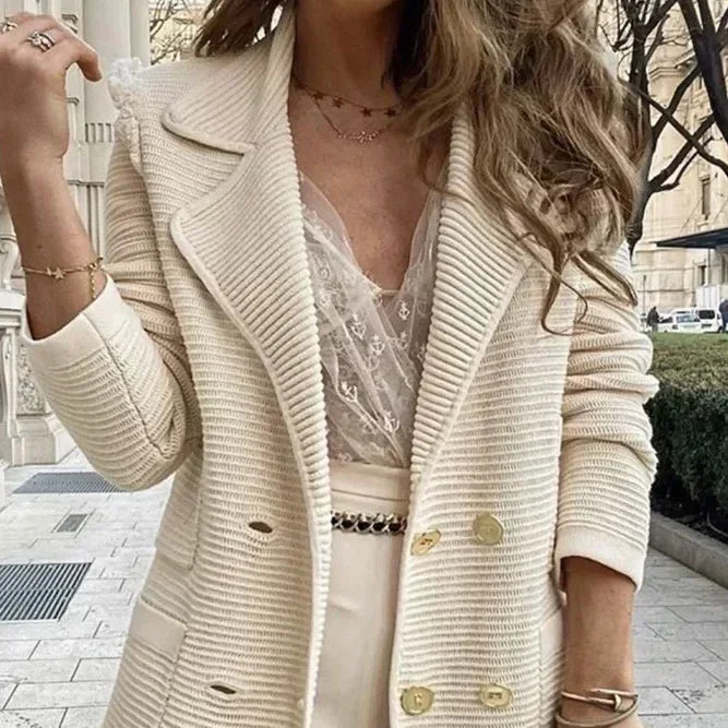 Women Double Breasted Button Solid Color Autumn Winter Blazer Jacket Fashion Casual Long Sleeve Coat Cardigan