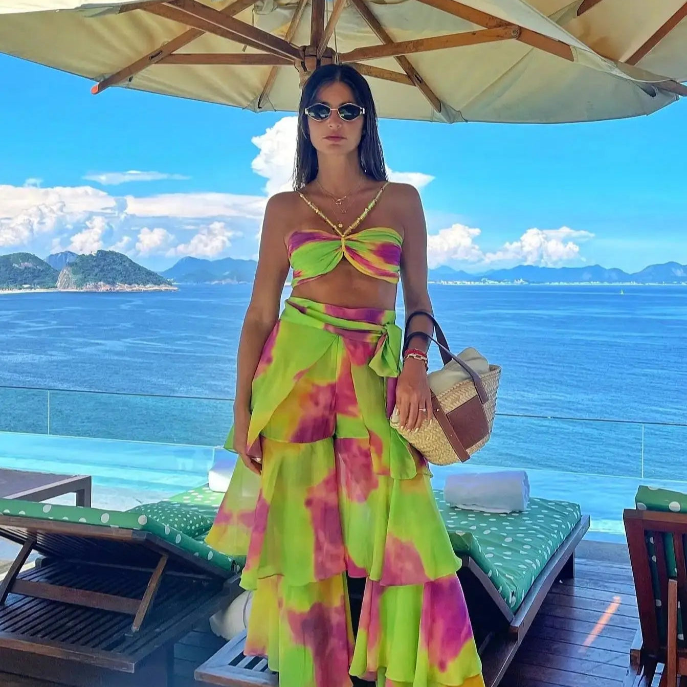 Sexy Print 3 Pics Women Bikini Set With Pants Pleated Bra High Waist Hollow Out Wide Leg Pants Suit Summer Beach Swimsuit