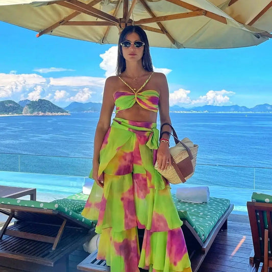 Sexy Print 3 Pics Women Bikini Set With Pants Pleated Bra High Waist Hollow Out Wide Leg Pants Suit Summer Beach Swimsuit
