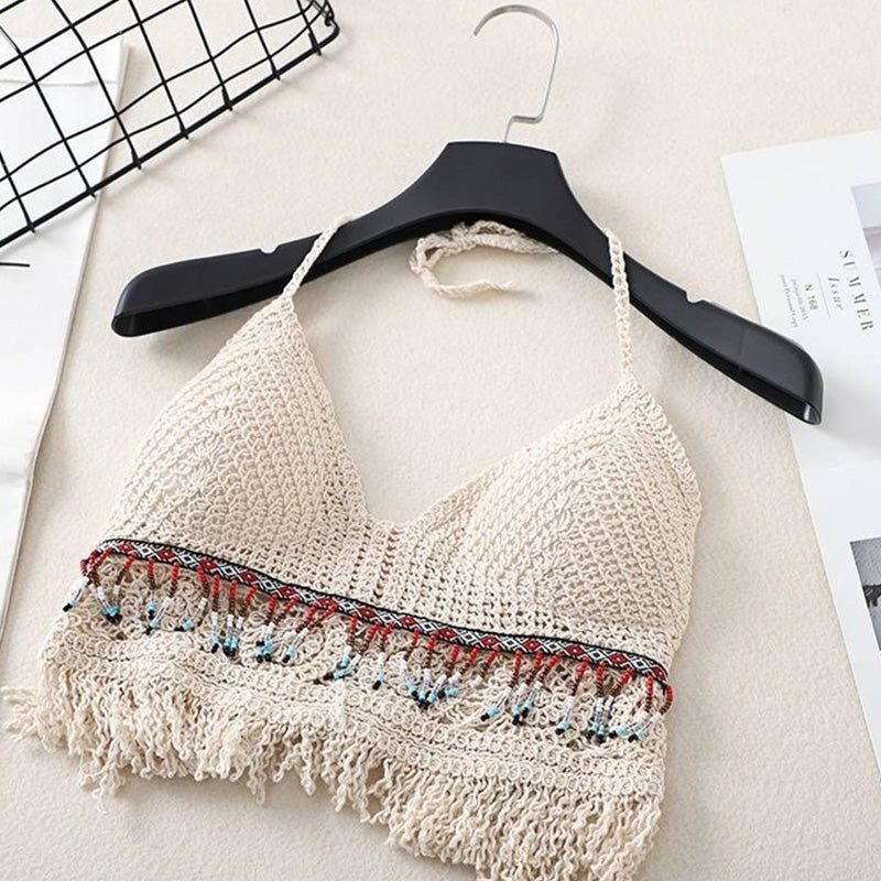 Sexy Boho Beach Holid Camisole Halter Crochet Knit Swimsuit Bra Backless Vest Hollow Tassel Tank Top Women's Crop Tops