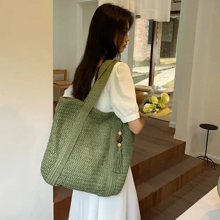 Elegant Ladies Straw Woven Handbag Women Holiday Beach Commute Casual Tote Top-Handle Bags Fashion Retro Shoulder Bags