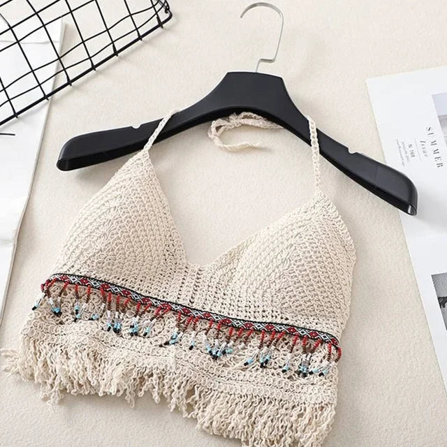 Sexy Boho Beach Holid Camisole Halter Crochet Knit Swimsuit Bra Backless Vest Hollow Tassel Tank Top Women's Crop Tops