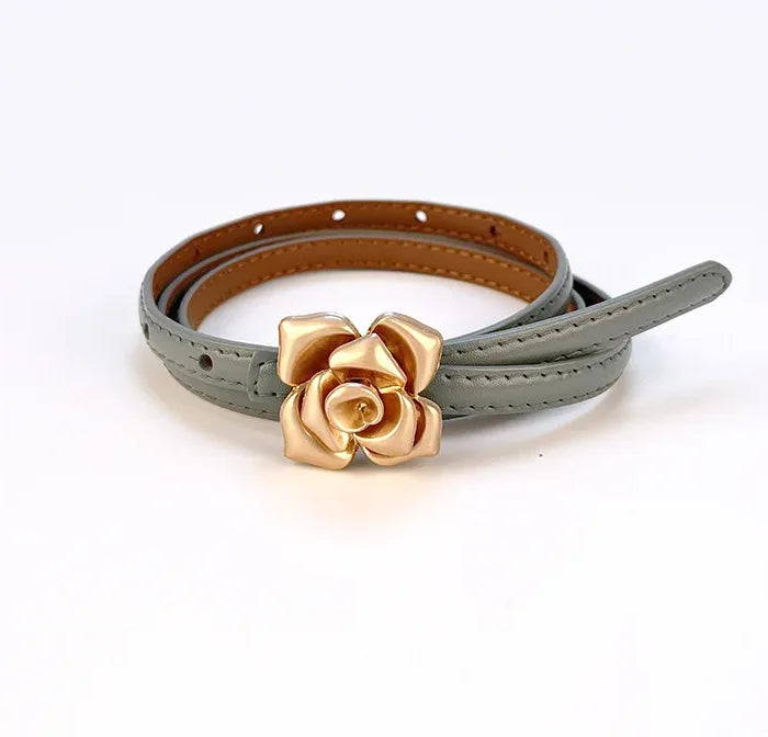 New Unique Rose Genuine Leather Gold Belt Women Fashion Cowskin Flower Thin Belts Female Jeans Dress Waistband