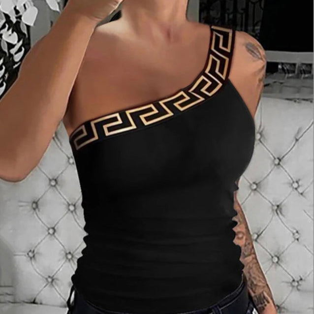 Geometric Pattern One Shoulder Sleeveless - Sexy Tight Crop Tops - Black One Sleeve Top