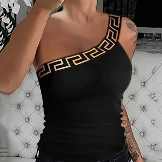 Geometric Pattern One Shoulder Sleeveless - Sexy Tight Crop Tops - Black One Sleeve Top