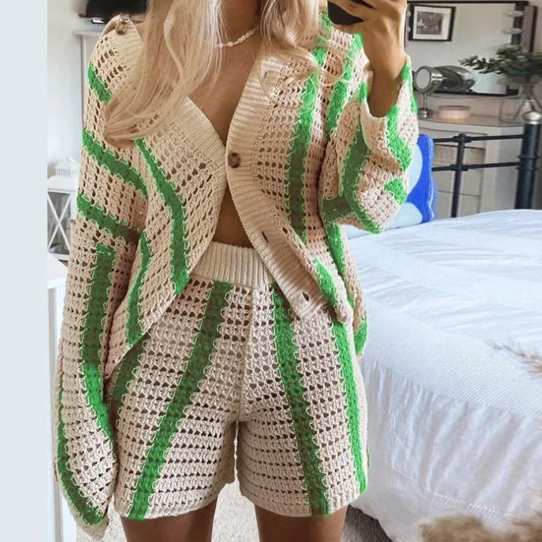 2-piece set of crochet striped shirts with V-neck, half sleeves, and wide-leg pants, summer beach vacation outfits