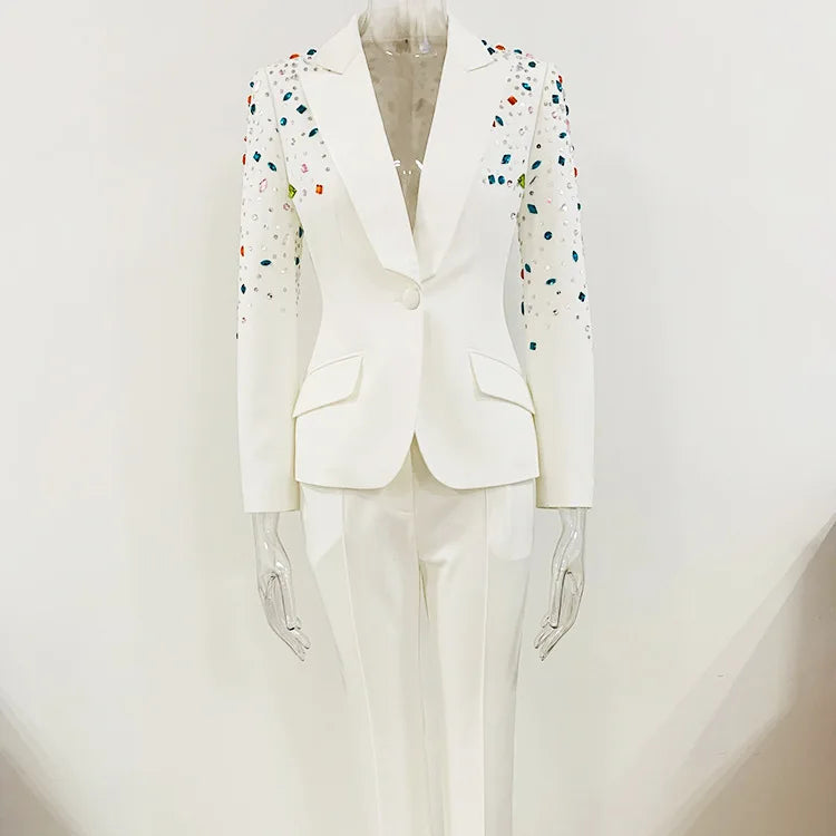White PantSuits Women handmade Beading Color Diamond Sequined Elegant Two Piece Sets Flare Pants Trousers Set Punk Suit