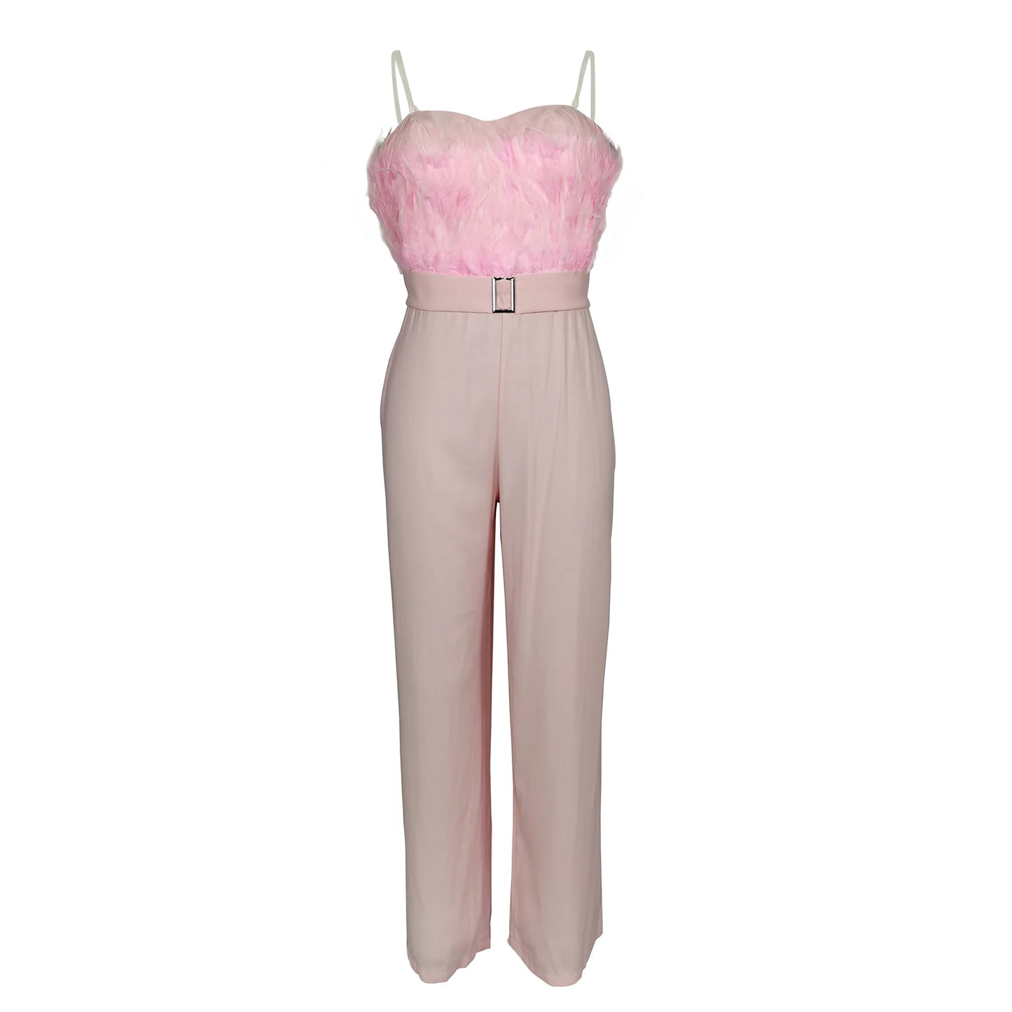 Elegant Jumpsuit Women Sleeveless Off Shoulder Plush Feather Belt Buckle Long Romper Chic High Waist Straight Leg Jumpsuit