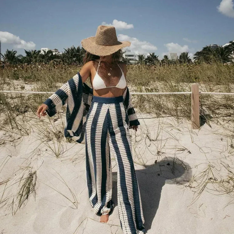 2-piece set of crochet striped shirts with V-neck, half sleeves, and wide-leg pants, summer beach vacation outfits