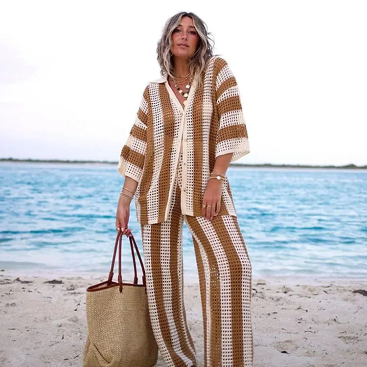 2-piece set of crochet striped shirts with V-neck, half sleeves, and wide-leg pants, summer beach vacation outfits