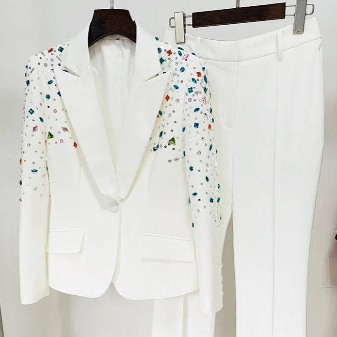 White PantSuits Women handmade Beading Color Diamond Sequined Elegant Two Piece Sets Flare Pants Trousers Set Punk Suit