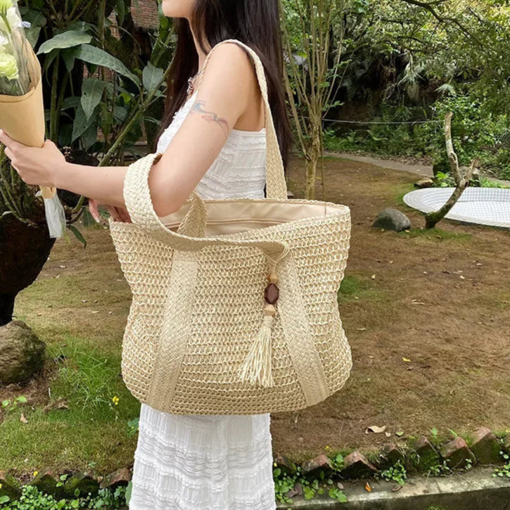 Elegant Ladies Straw Woven Handbag Women Holiday Beach Commute Casual Tote Top-Handle Bags Fashion Retro Shoulder Bags