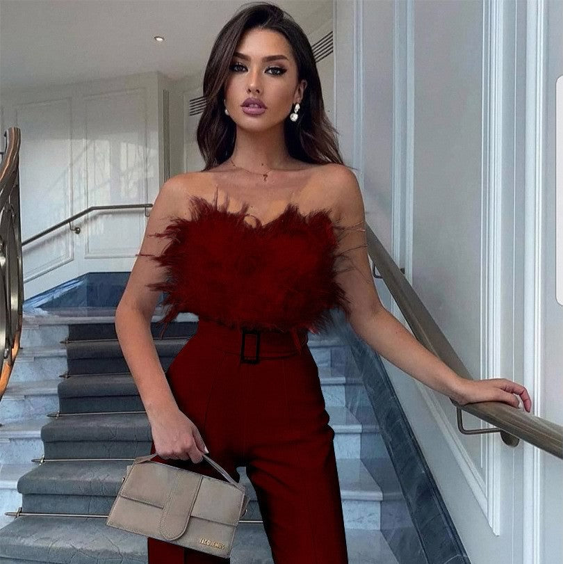 Elegant Jumpsuit Women Sleeveless Off Shoulder Plush Feather Belt Buckle Long Romper Chic High Waist Straight Leg Jumpsuit