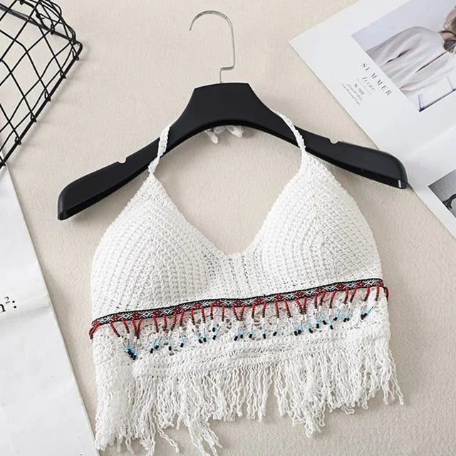Sexy Boho Beach Holid Camisole Halter Crochet Knit Swimsuit Bra Backless Vest Hollow Tassel Tank Top Women's Crop Tops