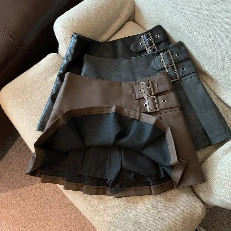 Coffee leather skirt for women, high waisted A-line pleated short skirt, fashionable and trend