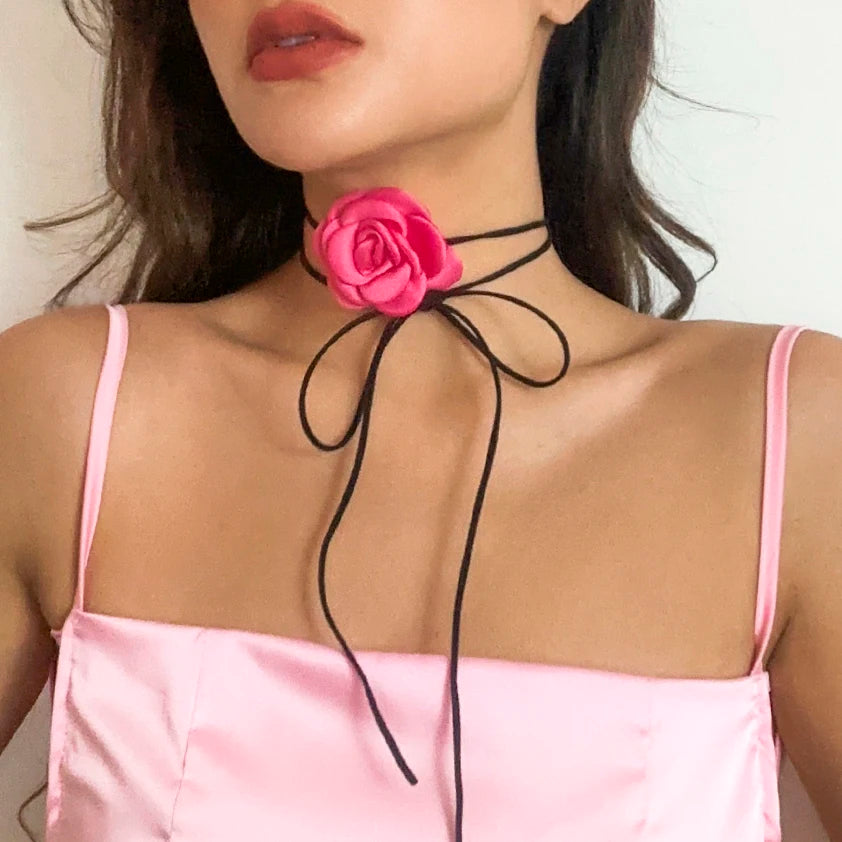 Romantic Gothic Big Rose Flower Clavicle Chain Necklace for Women Ladies Korean Fashion Adjustable Rope Choker