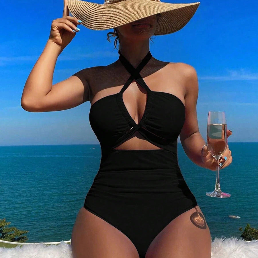 Drawstring One-piece Women Swimsuit Female High Waisted Bikini Bandeau Halter Bathing Suit Swimming for Monokini