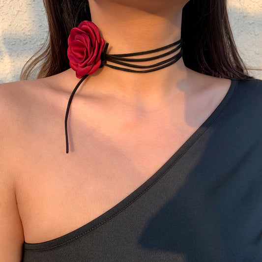 Romantic Gothic Big Rose Flower Clavicle Chain Necklace for Women Ladies Korean Fashion Adjustable Rope Choker