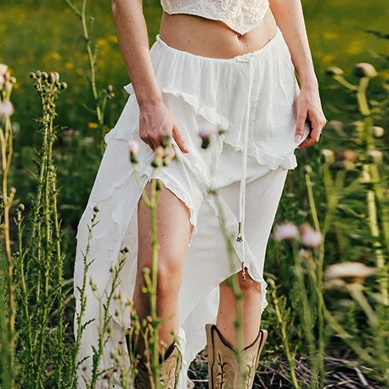 White Trim Midi Skirts - Split Low Waisted Tie Up Long Skirts - Summer French Skirts Holiday Beach