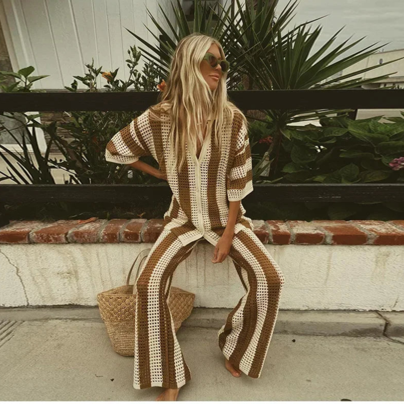 2-piece set of crochet striped shirts with V-neck, half sleeves, and wide-leg pants, summer beach vacation outfits