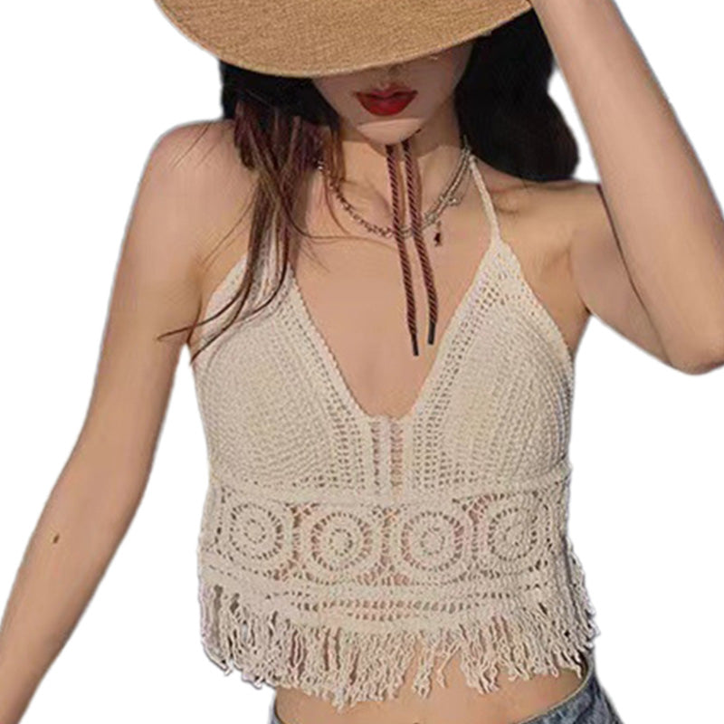 Sexy Boho Beach Holid Camisole Halter Crochet Knit Swimsuit Bra Backless Vest Hollow Tassel Tank Top Women's Crop Tops