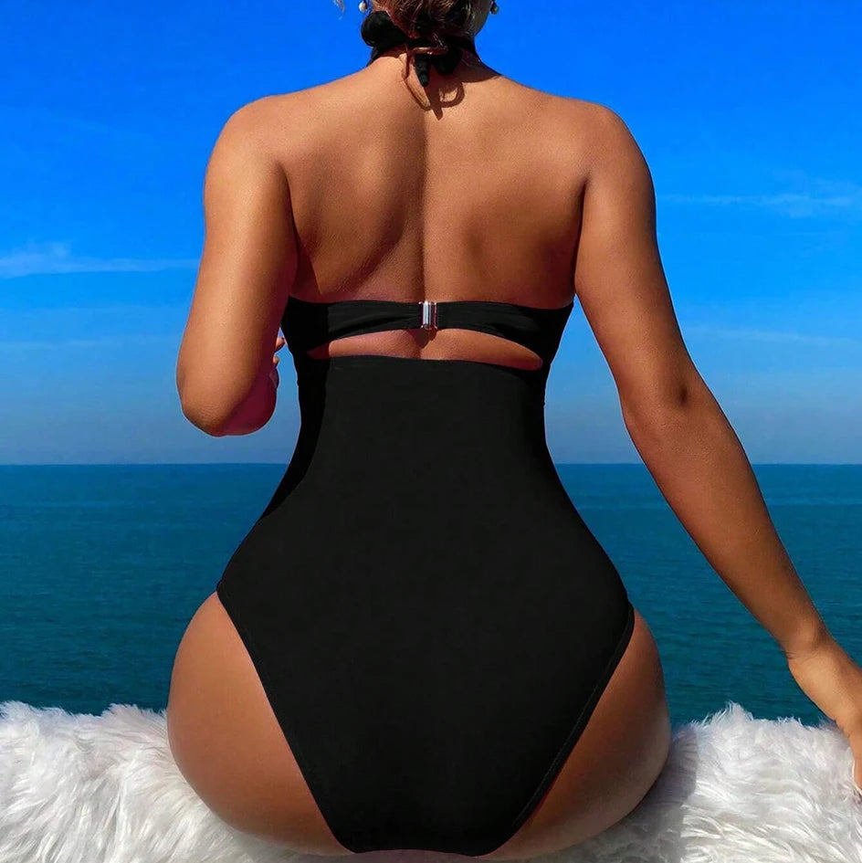 Drawstring One-piece Women Swimsuit Female High Waisted Bikini Bandeau Halter Bathing Suit Swimming for Monokini