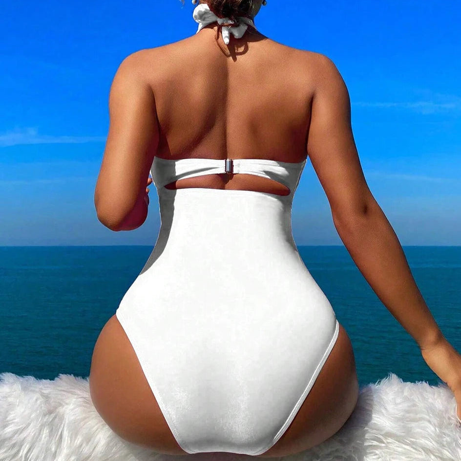 Drawstring One-piece Women Swimsuit Female High Waisted Bikini Bandeau Halter Bathing Suit Swimming for Monokini