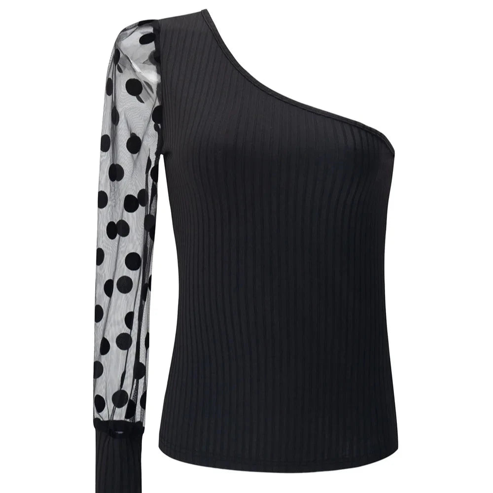 Slanted Shoulder Single Sleeve Polka Dots - Mesh Patchwork Long Sleeved Waist Cinched Women's Top