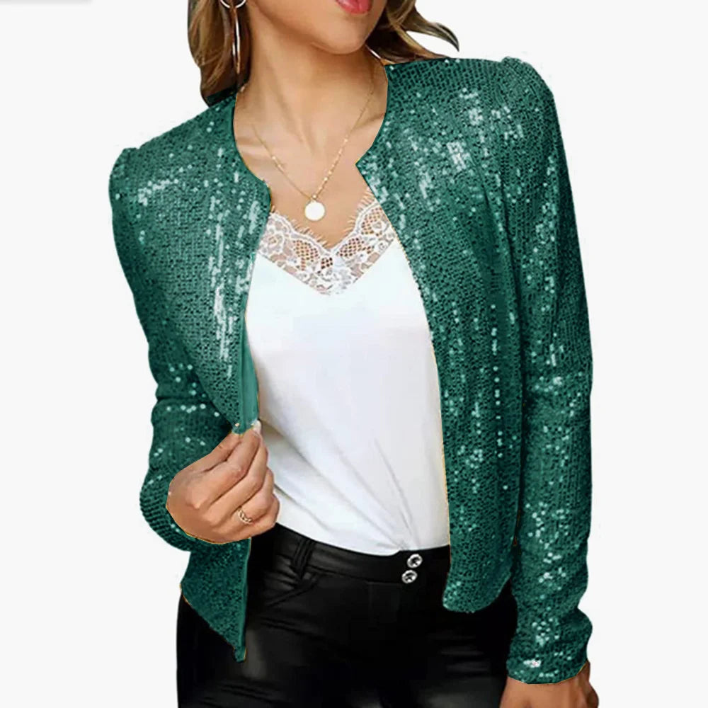 Women Glitter  Sequin Sparkle Jacket  Shiny Long Sleeve Zip Blazer